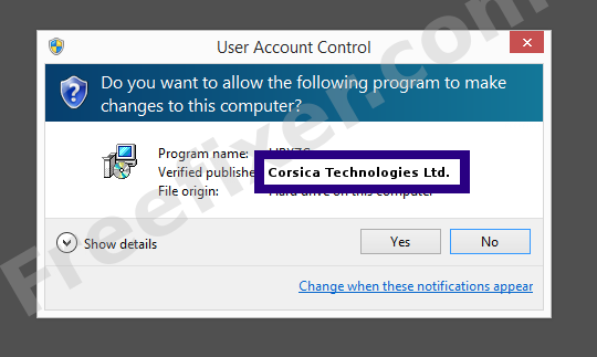 Screenshot where Corsica Technologies Ltd. appears as the verified publisher in the UAC dialog